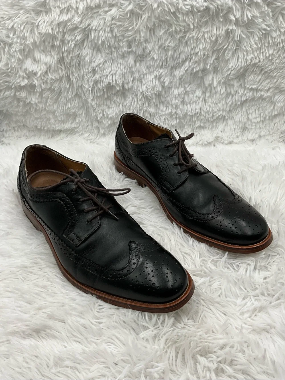 Bass Wingtip Shoes Size 10M Black Leather Oxford Dress Shoe w/ Brown Sole